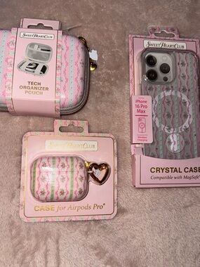 Pink Floral iPhone 16 Pro Max Crystal Case & AirPods Pro Case Set